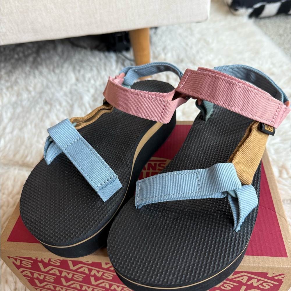 Teva Women's Blue and Pink Strap Platform Sandals